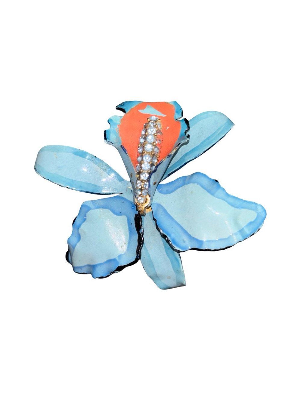 Vintage Blue Enameled Orchid Flower‎ Brooch Rhinestone Accent Pin